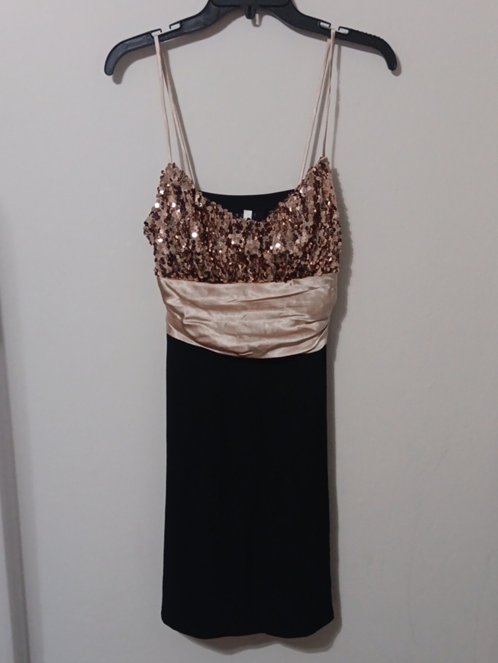 B. Smart Black and Rose Gold Sequin Spaghetti Strap Mini Dress 17-18" Ptp